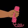 The hand holds the receiver of an old retro pink telephone. Vector illustration in flat style Royalty Free Stock Photo